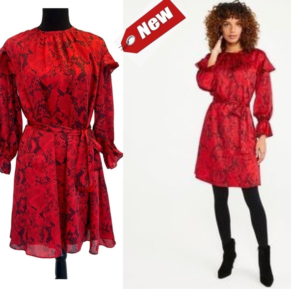 Ann Taylor red black snake animal print long sleeve ruffle frill dress Sz XS NWT